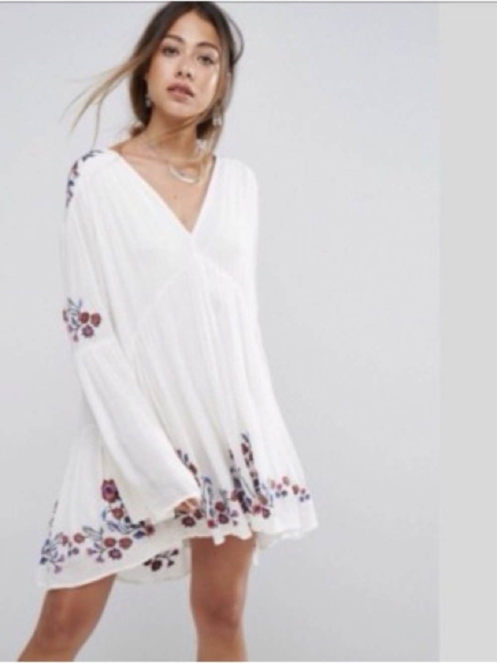 Free People Te Amo Floral Embroidered V-Neck Swing tunic dress
